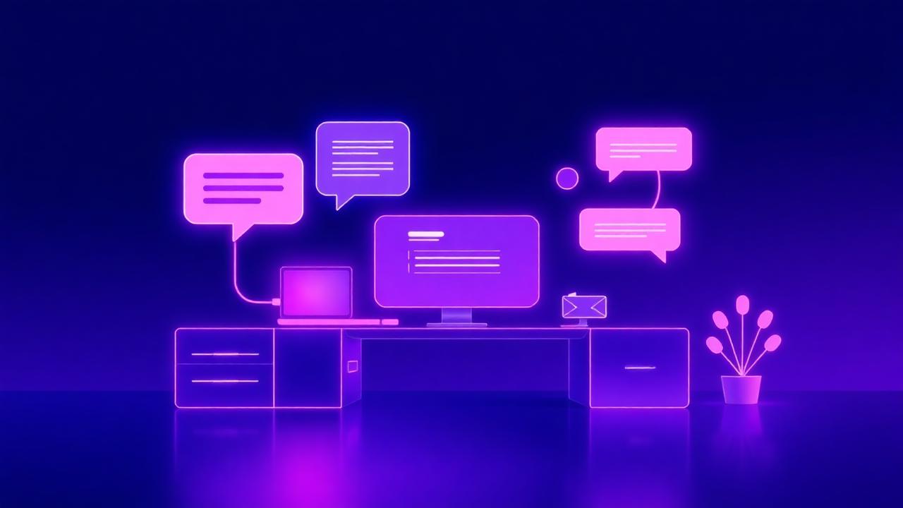 Illustration av en modern supportarbetsplats med skärmar och svävande chattbubblor
