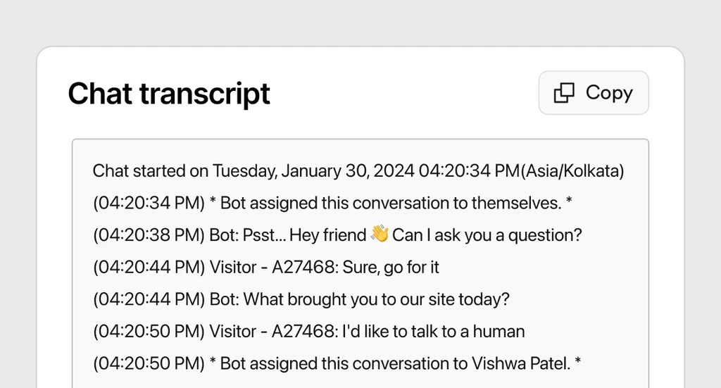 Chattutskrift i ZyndraAI med tidsstämplad dialog mellan bot och besökare, och en Copy-knapp för att kopiera hela konversationen.