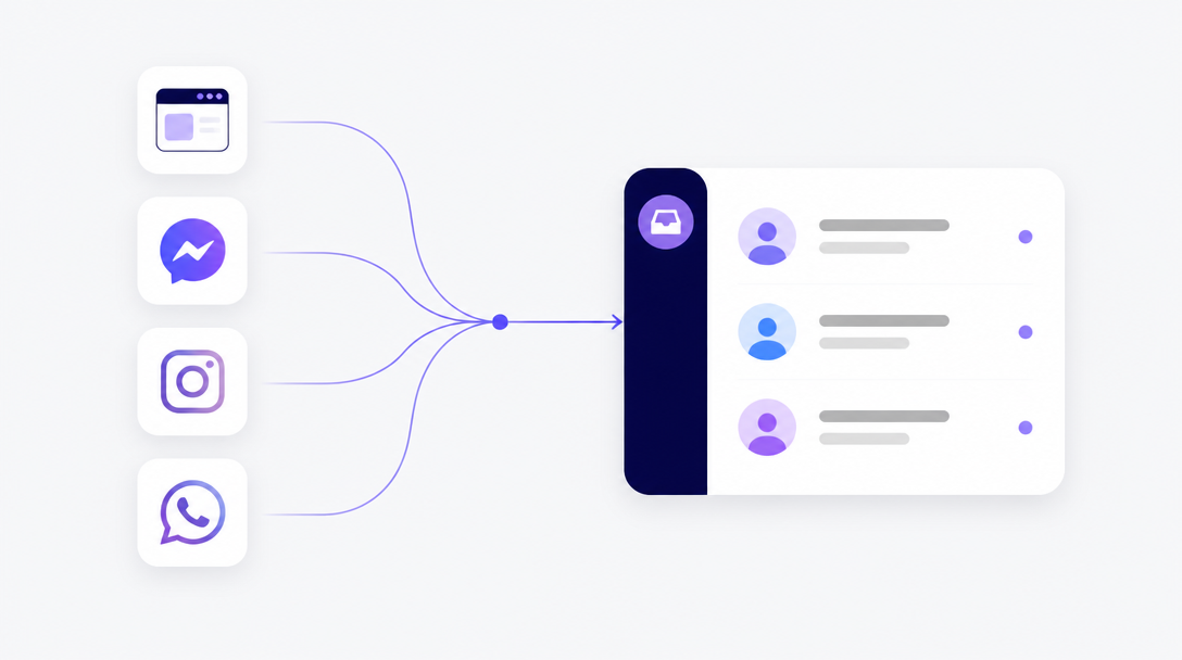 Illustration som visar hur konversationer från webbplats, Messenger, Instagram och WhatsApp löper samman i en gemensam ZyndraAI-inkorg med delad kö och historik.