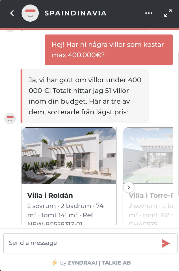 Skärmdump från kundens webbplats: Spaindinavia – Söker bland bostäder och visar bildkort direkt i chatten
