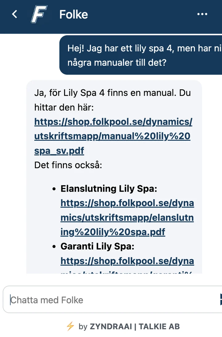 Skärmdump från kundens webbplats: Folkpool – Hittar rätt manual och garantidokument direkt