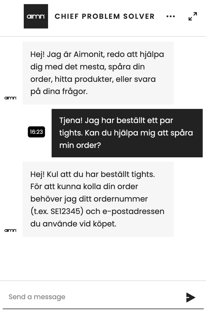 Skärmdump från kundens webbplats: aim'n – Orderspårning i varumärkets egen ton