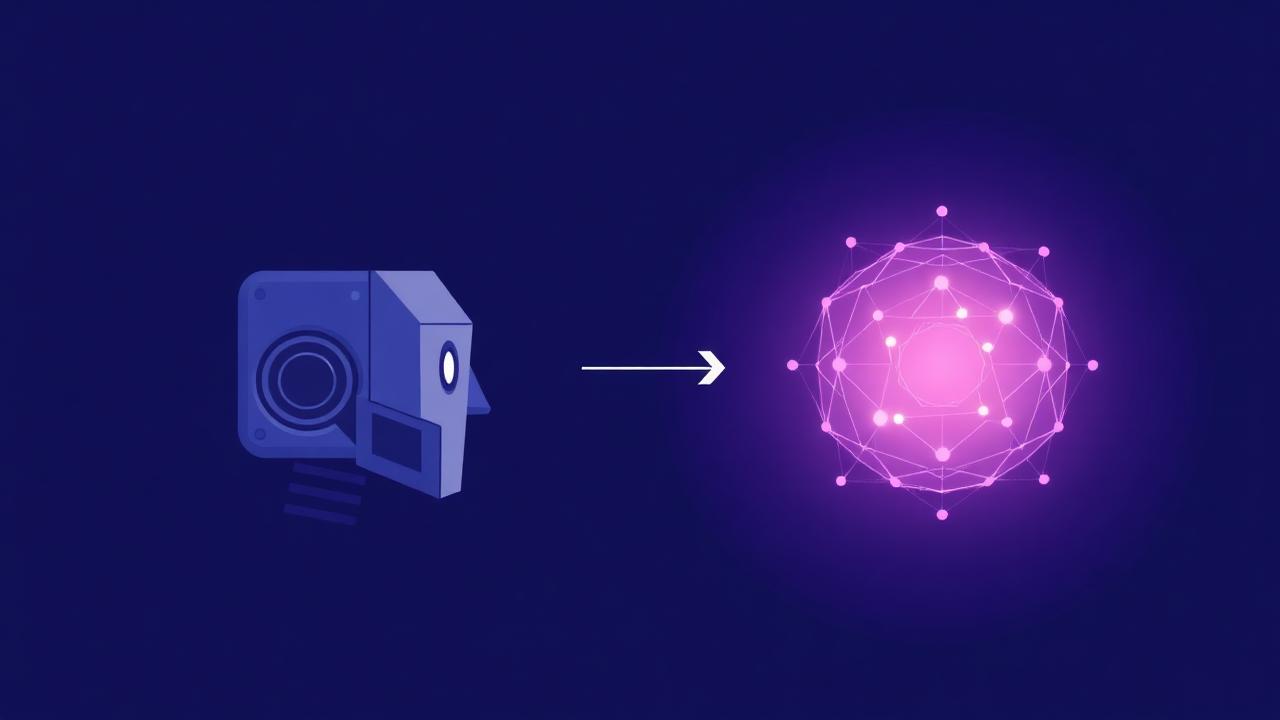 Illustration av en kantig gammal robot som förvandlas till ett lysande intelligent nätverk
