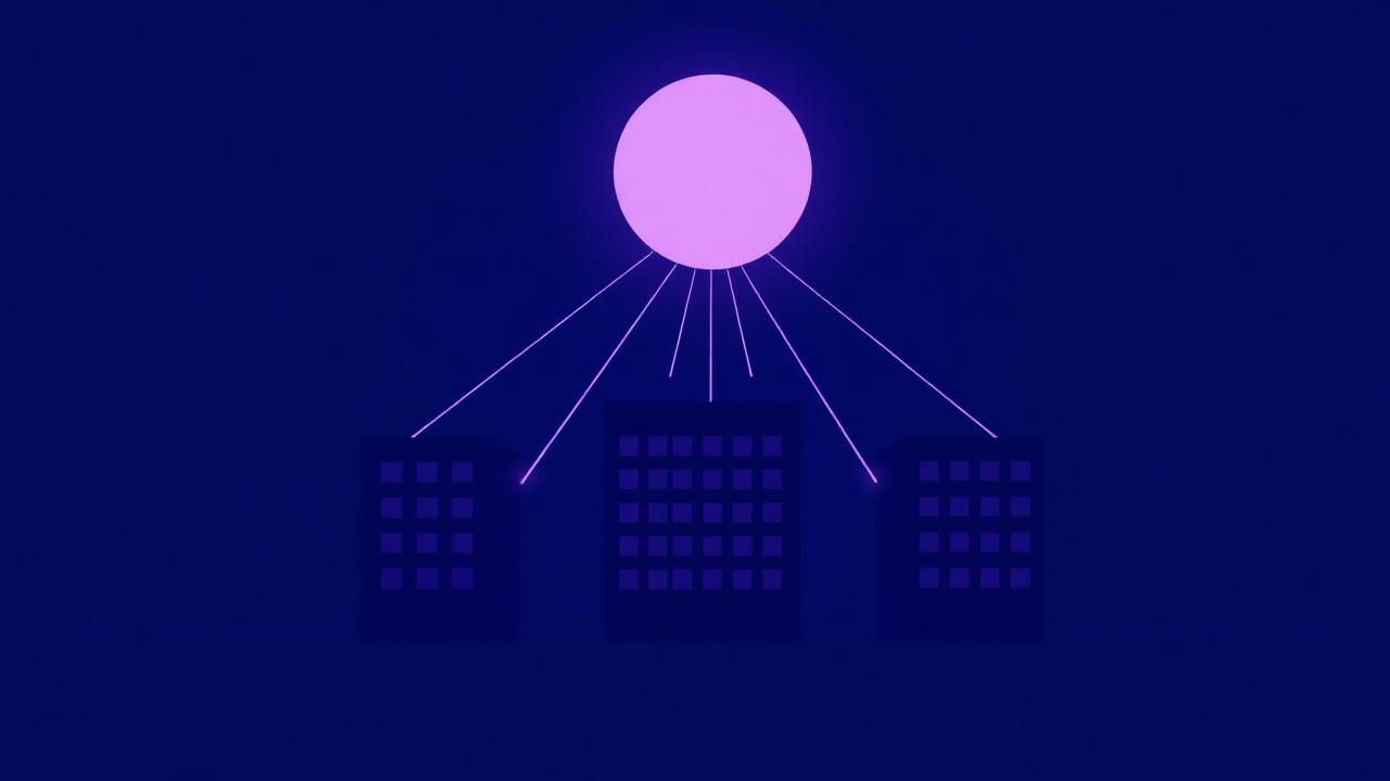 Illustration av kontorsbyggnader som kopplas till en lysande AI-sfär