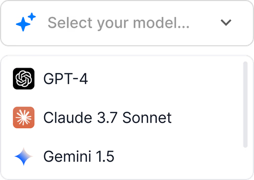 Modellväljare i ZyndraAI-Studio med GPT-4, Claude 3.7 Sonnet och Gemini 1.5.