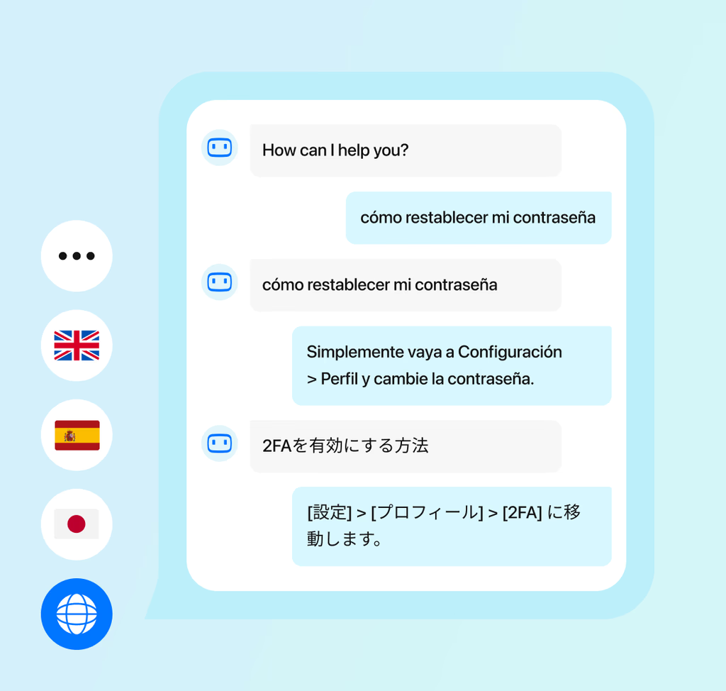 Chattexempel där assistenten svarar på spanska och japanska på kundens egna språk, med språkflaggor bredvid konversationen.