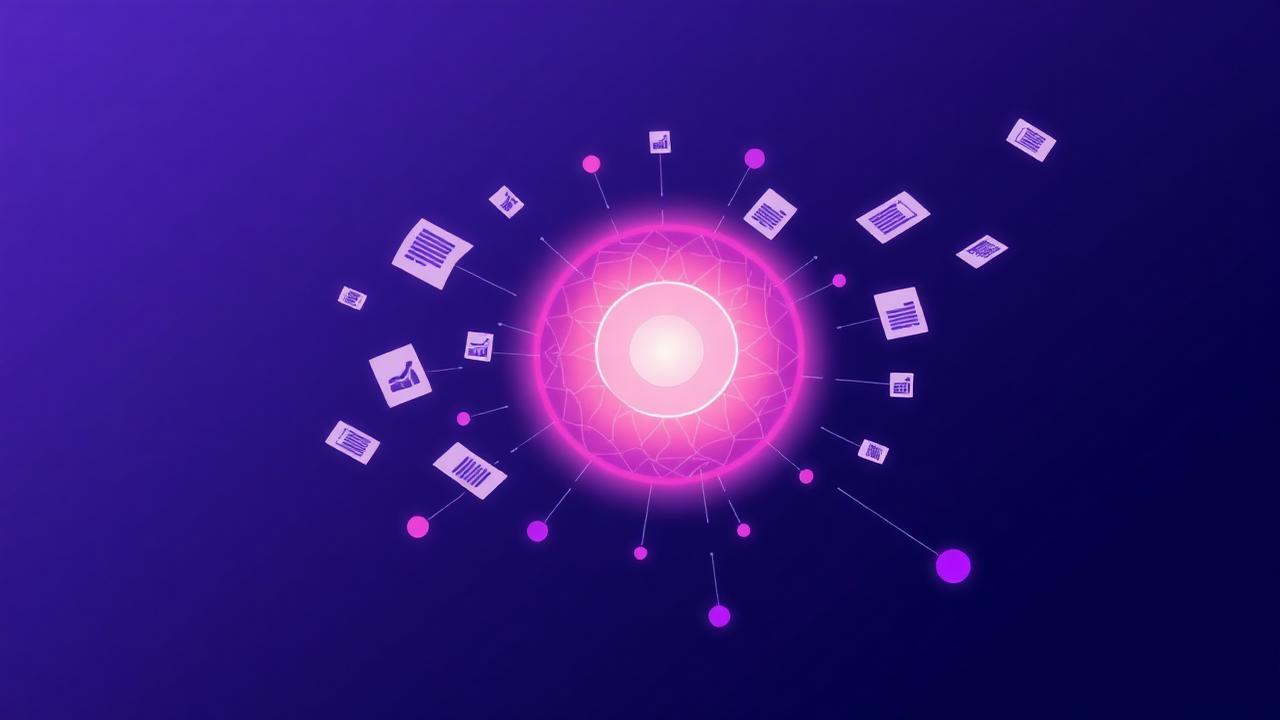 Illustration av dokument och datafiler som strömmar in i en lysande AI-kärna