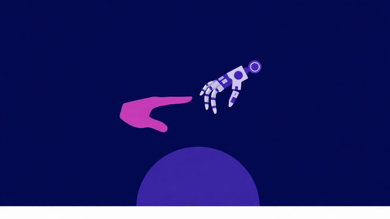 Illustration av en mänsklig hand och en robothand som sträcker sig mot varandra