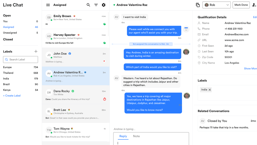 ZyndraAI:s livechatt-vy med inkorg över tilldelade konversationer, pågående dialog med en kund och panel till höger med kunduppgifter, etiketter och relaterade konversationer.