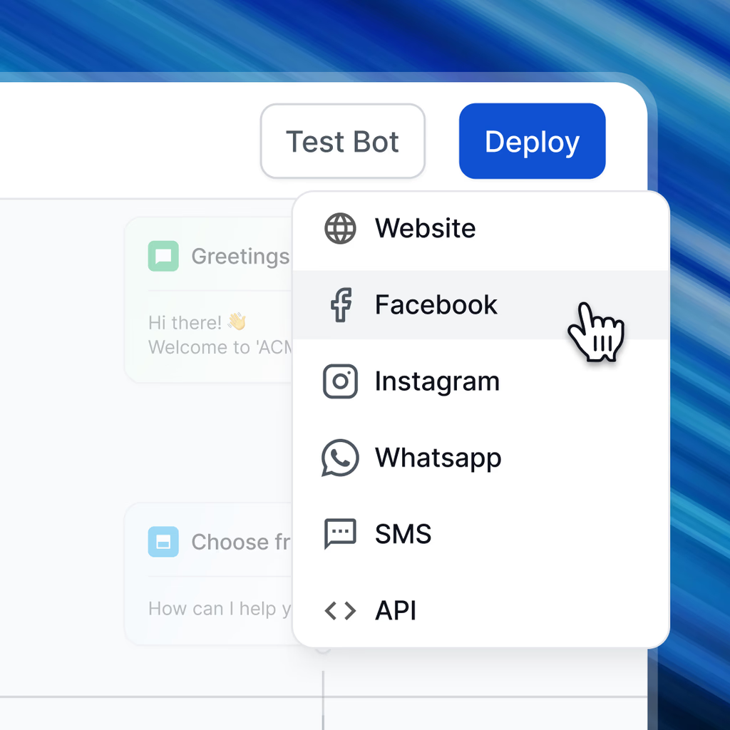 Publiceringsmeny i ZyndraAI:s botbuilder där chatboten kan driftsättas på webbplats, Facebook, Instagram, WhatsApp, SMS eller via API.