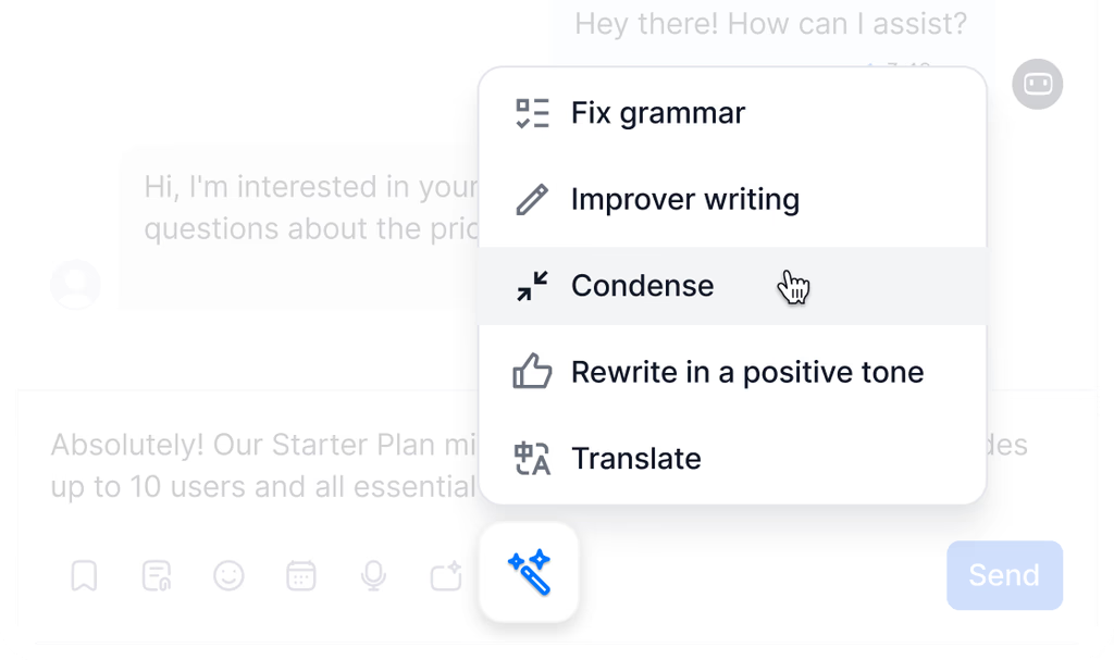 AI-assistans i agentens svarsfält i ZyndraAI med valen Fix grammar, Improve writing, Condense, Rewrite in a positive tone och Translate.