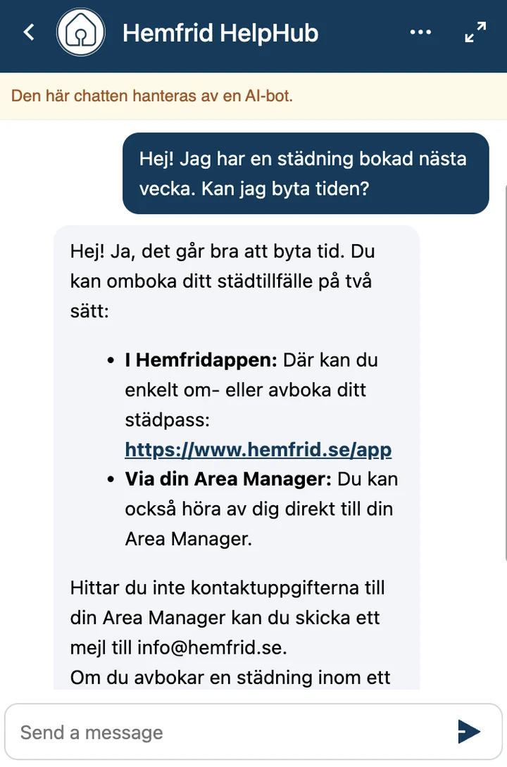 Skärmdump från kundens webbplats: Hemfrid – Hjälper kunder att boka om sina städtillfällen