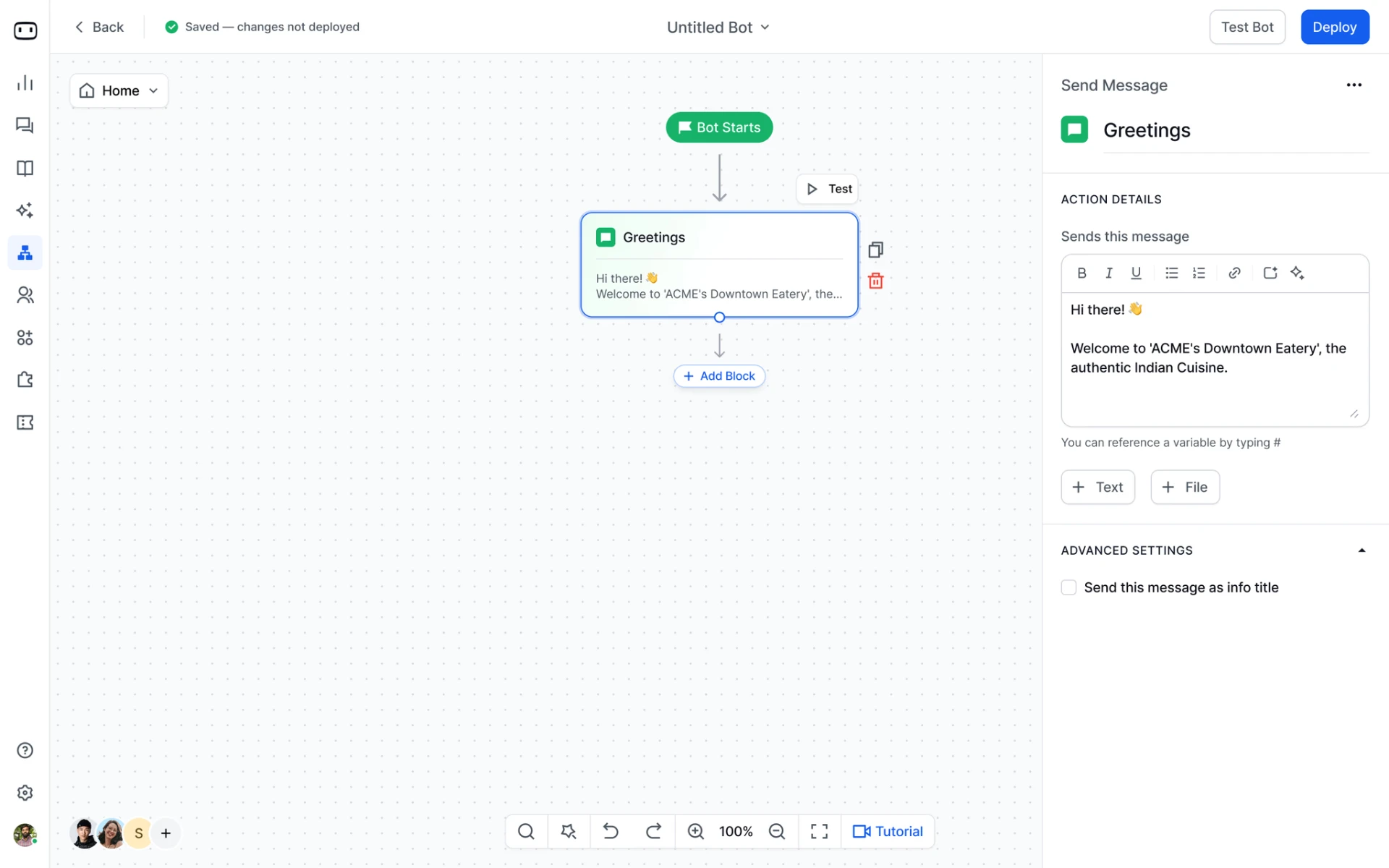 ZyndraAI:s botbuilder med ett Bot Starts-block kopplat till ett Greetings-meddelande på arbetsytan, och redigeringspanelen till höger där meddelandetexten skrivs.