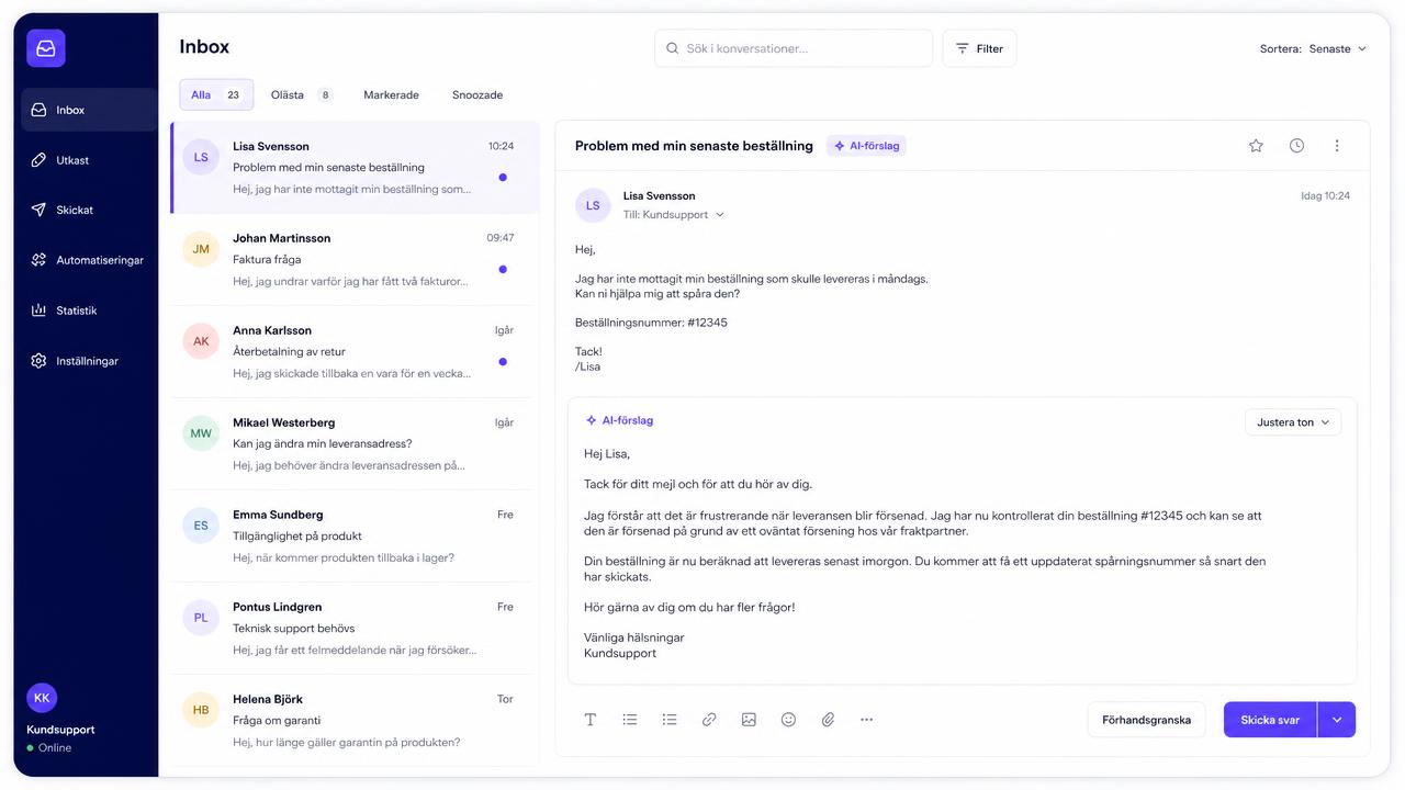 ZyndraAI:s e-post-AI: inkorg med inkommande kundmejl till vänster och ett AI-förslag på svar i huvudpanelen, redo att granskas och skickas av en agent.